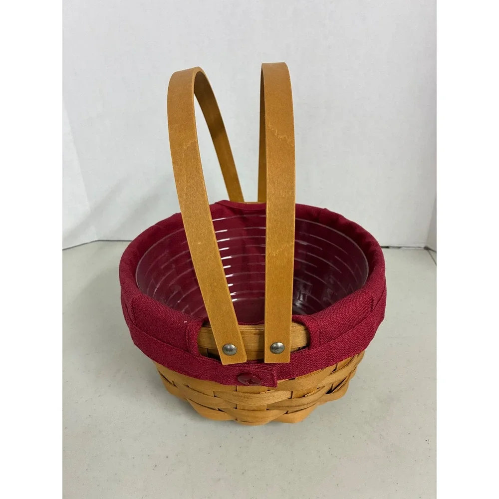 Longaberger 2009 Handmade Round Basket Red Liner Plastic Protector Swing Handle